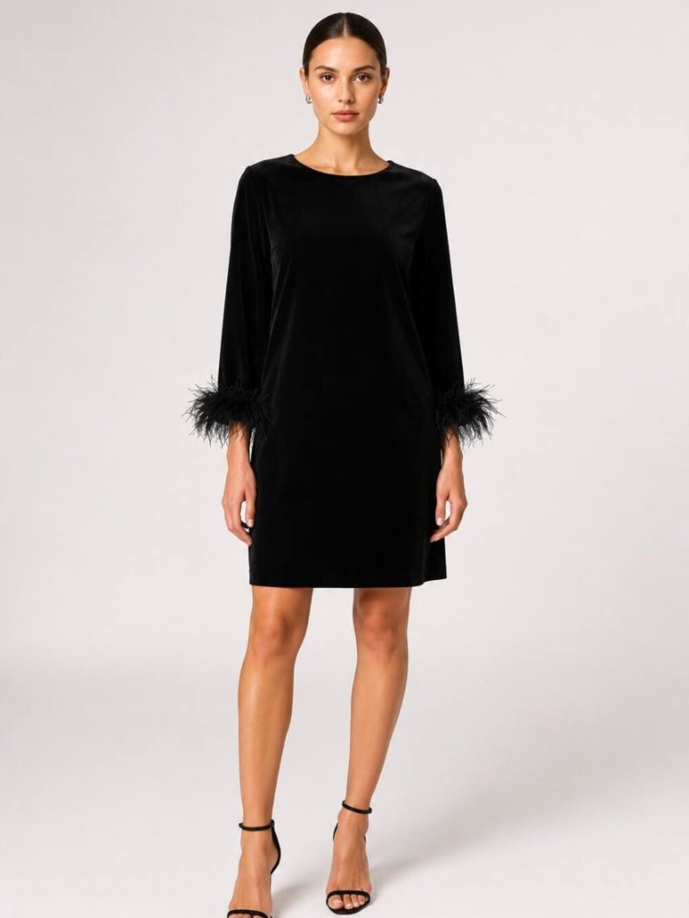 Jude Connally Franca Black Stretch Velvet Feather Trim Dress Size L